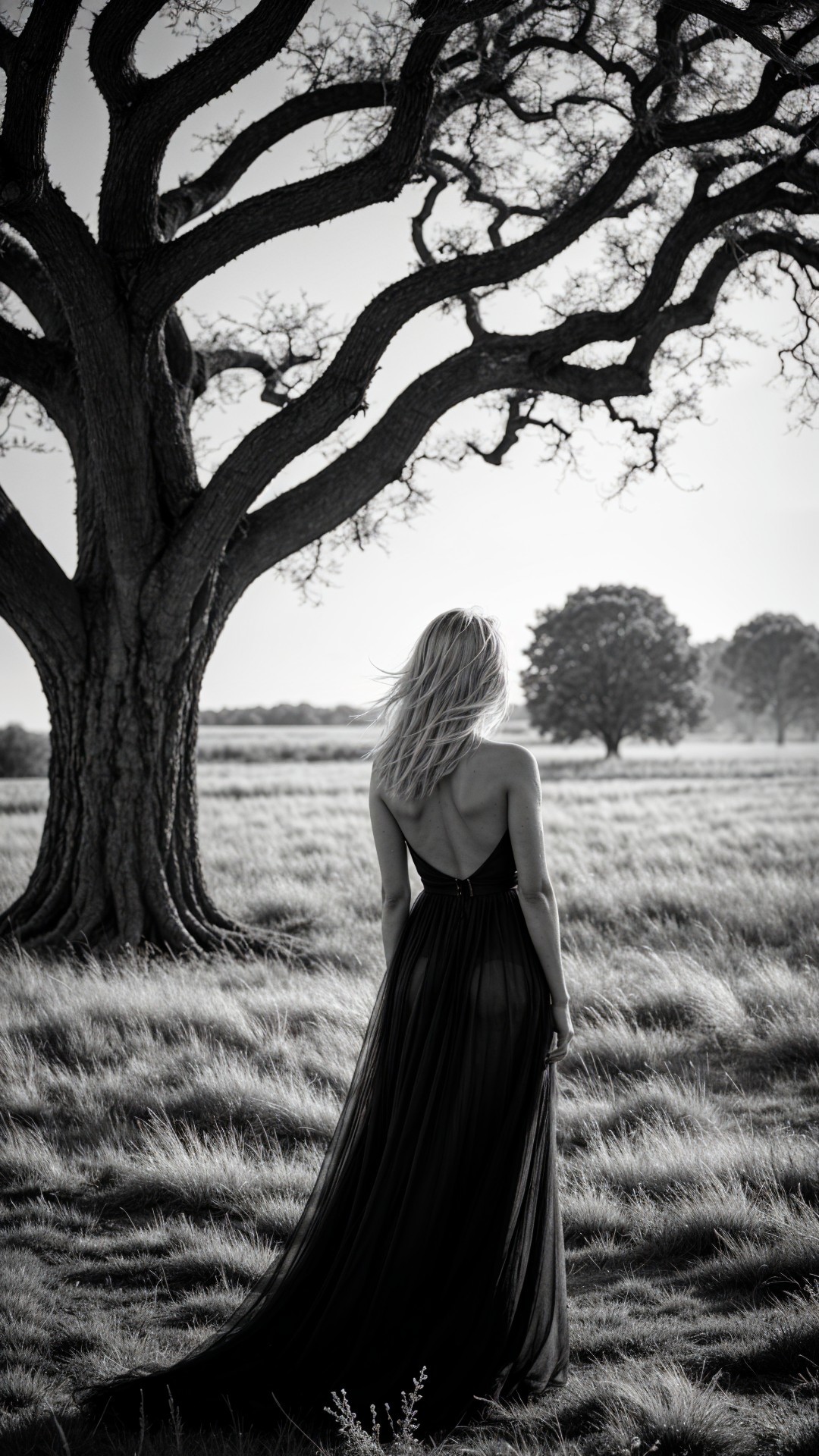 Woman in Black Dress in Grassy Field with Trees