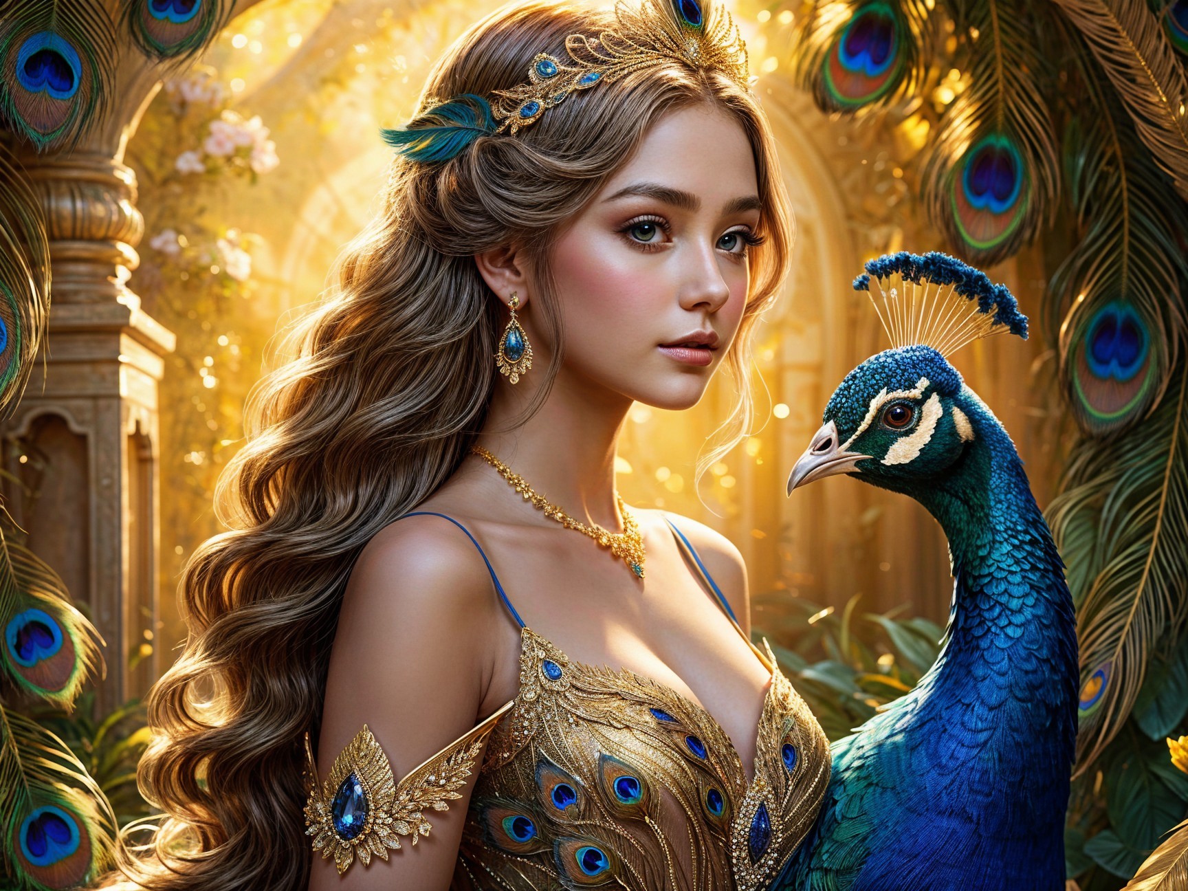 Elegant woman in golden gown with peacock motifs