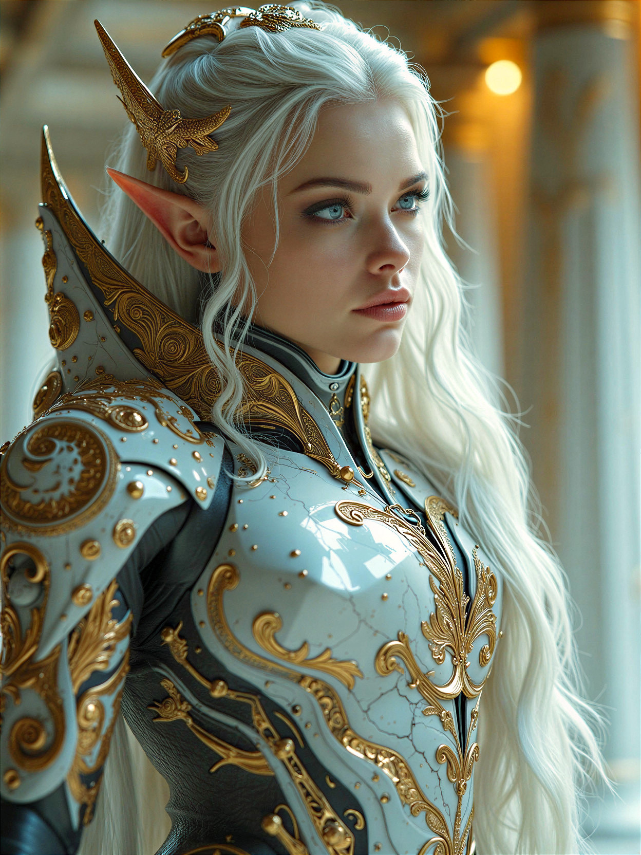 Elf-like character in elegant armor with blue eyes