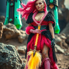 Fierce warrior in red and black outfit with yellow sword