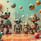 Vintage-style robots on a colorful platform in space