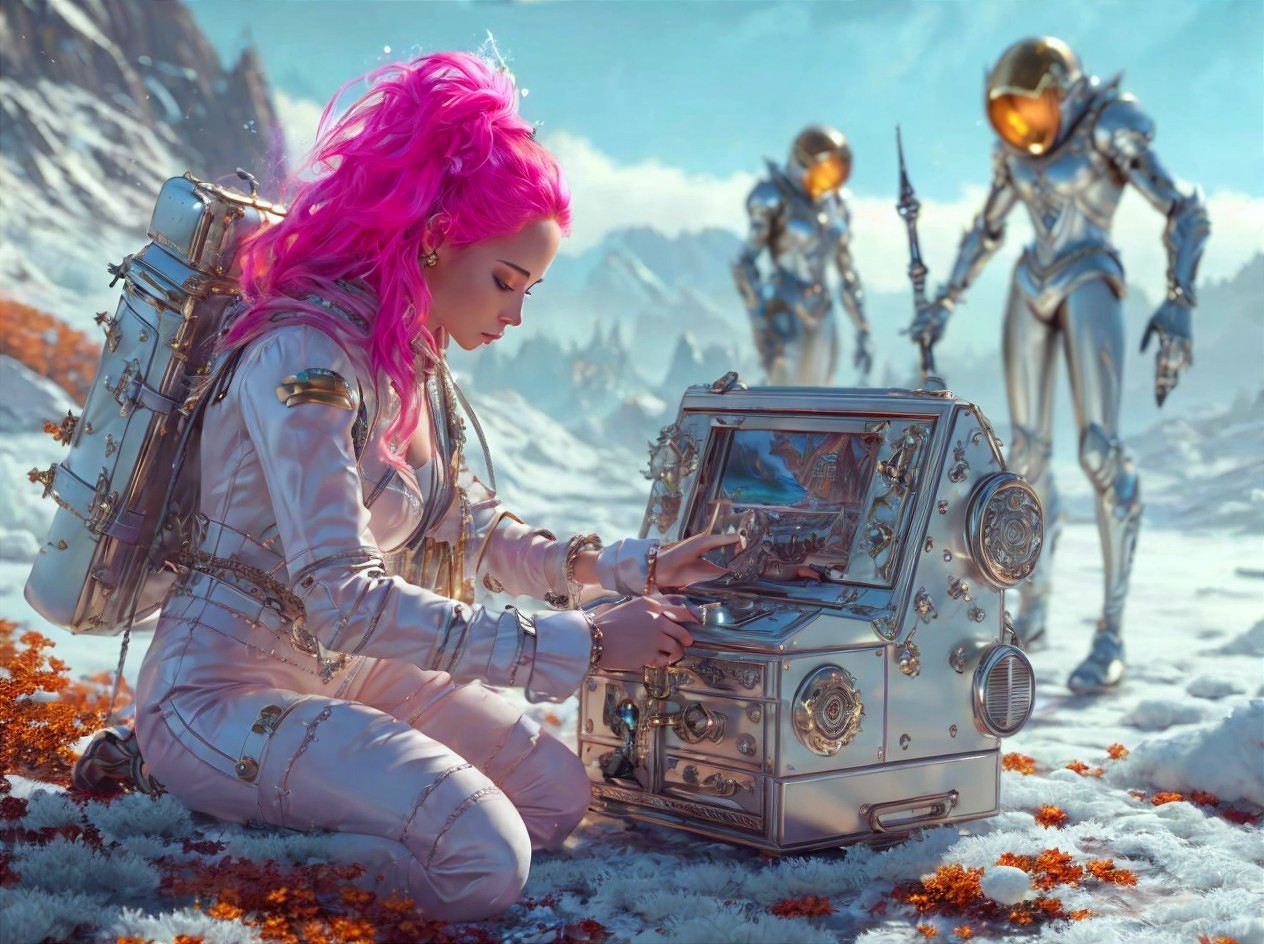 Futuristic Woman with Pink Hair at Retro Console