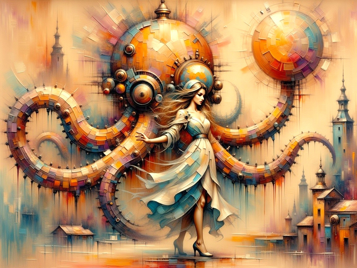 Surreal Scene of Woman in White Dress Among Abstract Shapes