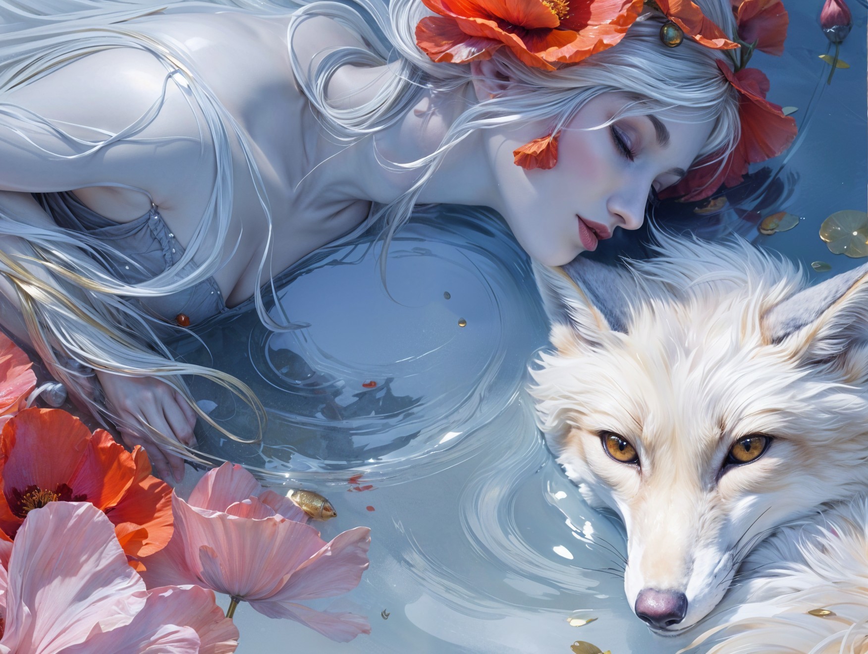 Ethereal Woman in Tranquil Waters with Poppies and Fox