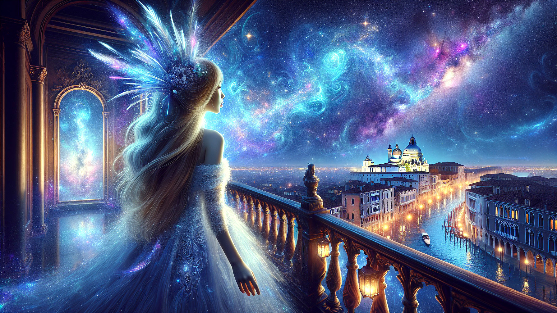 Serene Figure on Balcony Overlooking Cosmic Scene