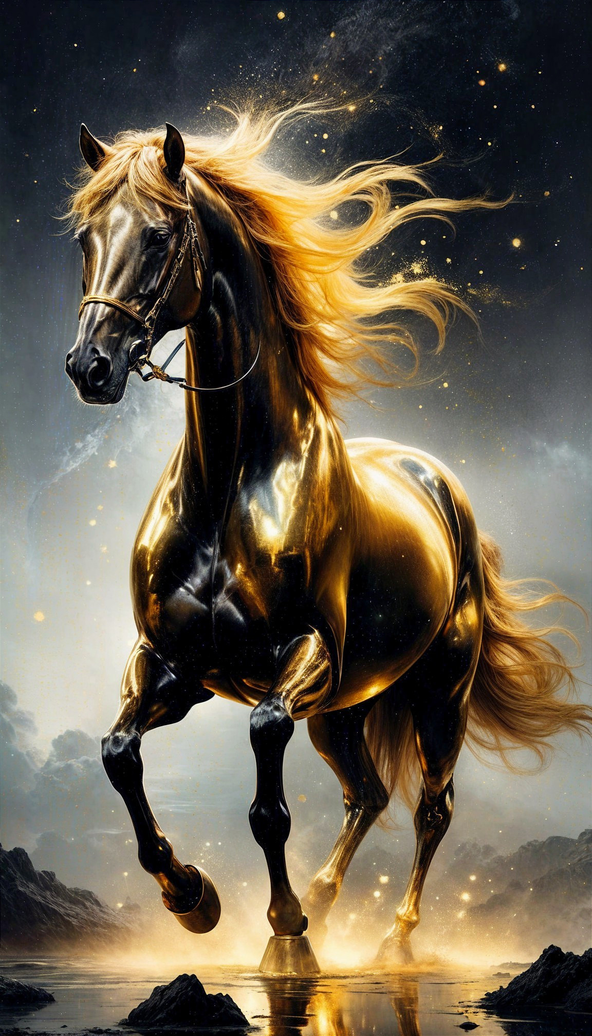 Golden Horse Galloping in a Mystical Landscape