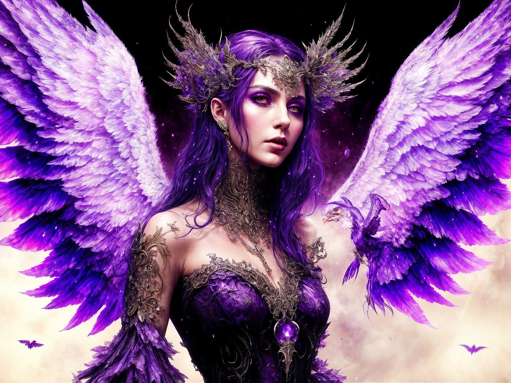Majestic figure with purple hair and ethereal wings