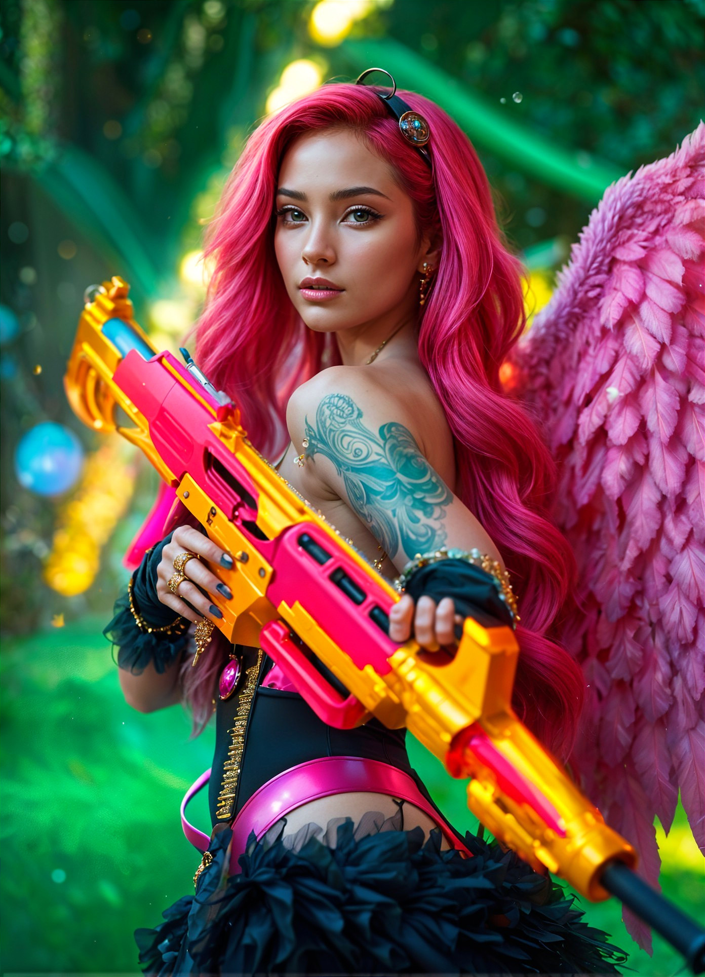 Fierce Figure with Angelic Wings in Enchanting Setting