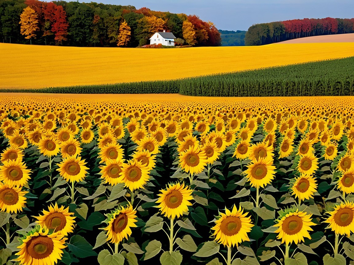 Vibrant Sunflower Field with Autumn Landscape and House