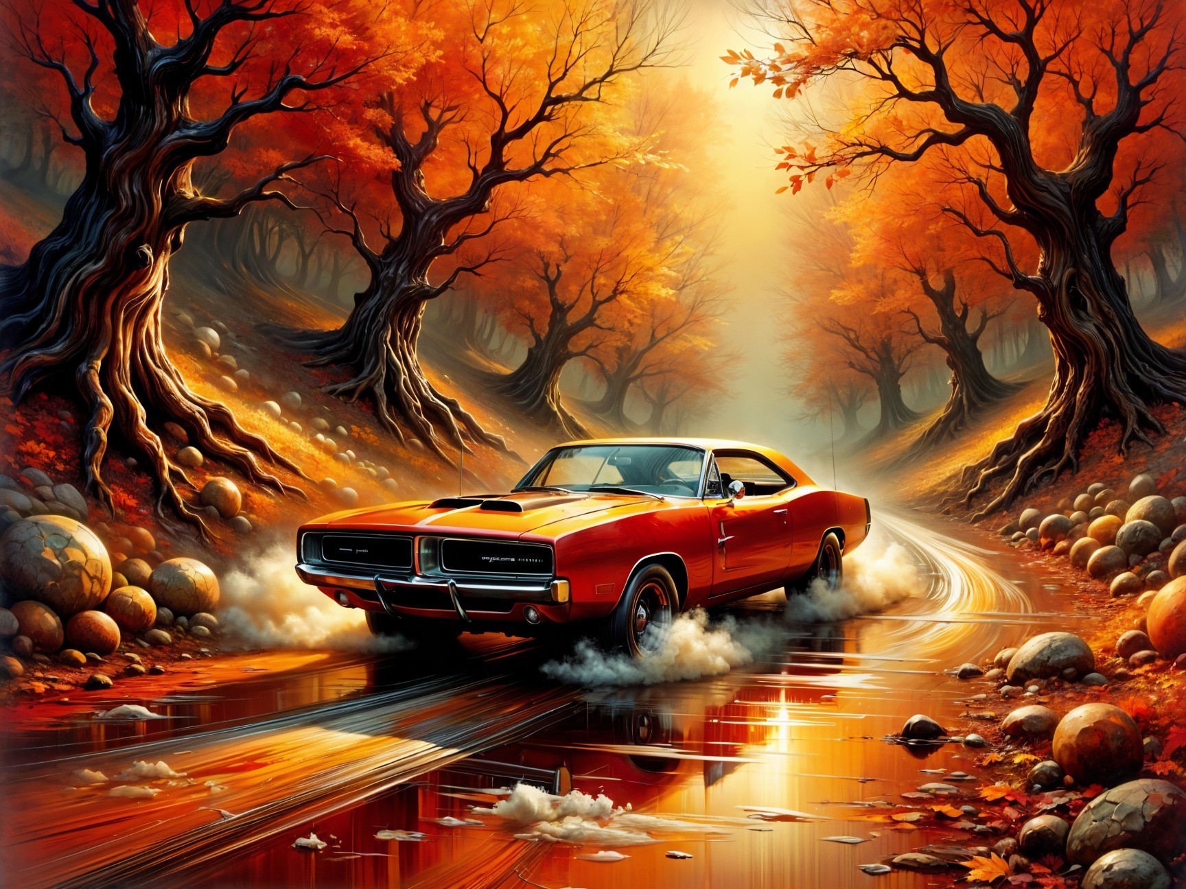 Red Muscle Car on Winding Road in Autumn Foliage