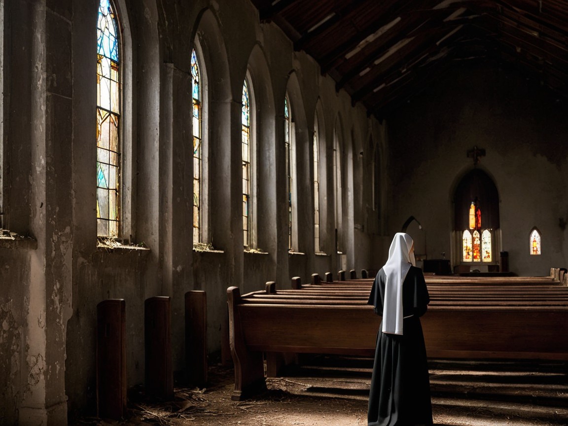 Nun in Contemplative Prayer Inside Weathered Church