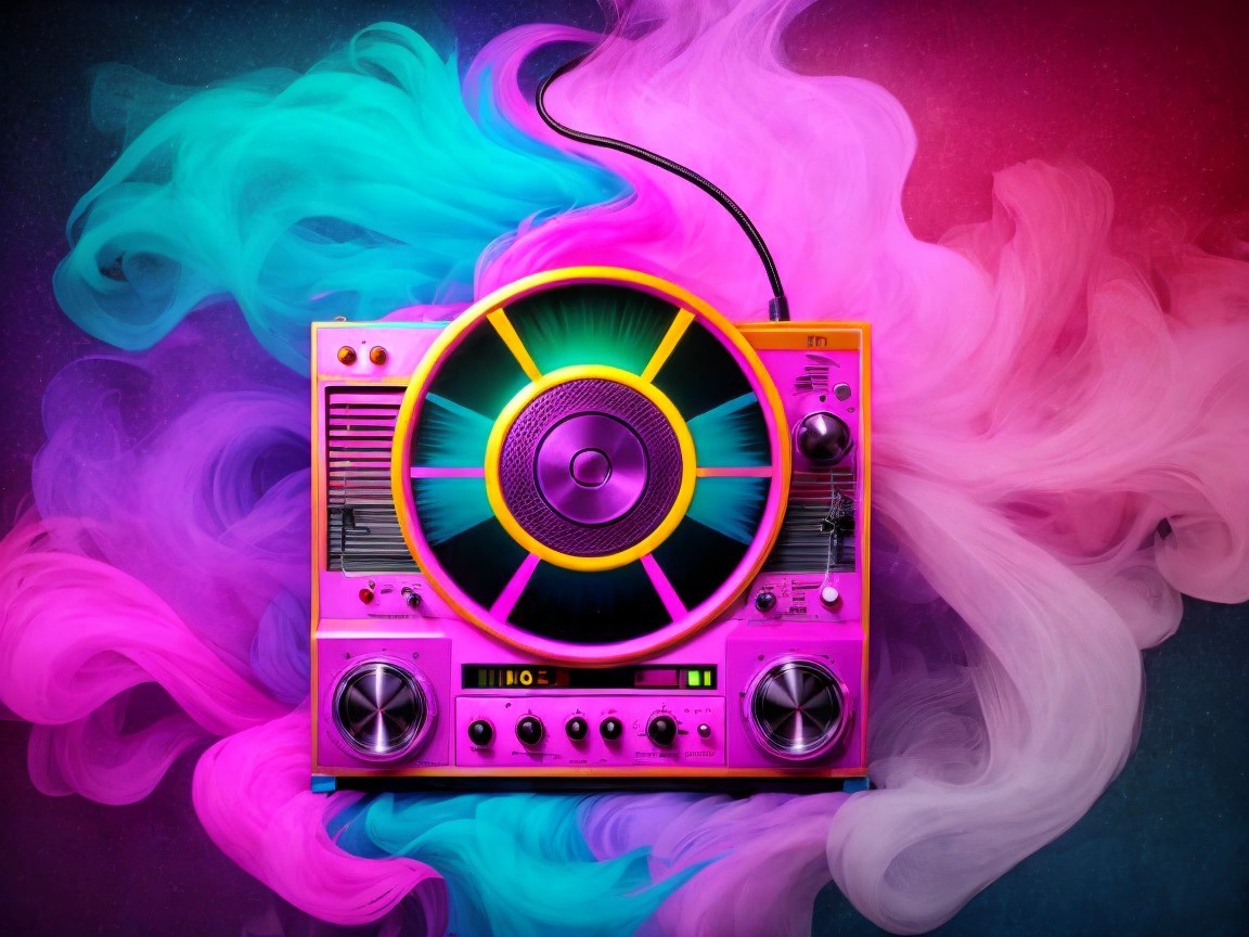 Vibrant Retro-Style Radio with Colorful Smoke Background