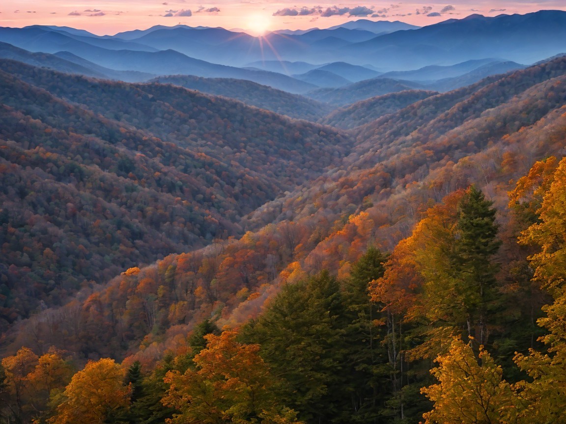Rolling Mountains at Sunset with Autumn Foliage
