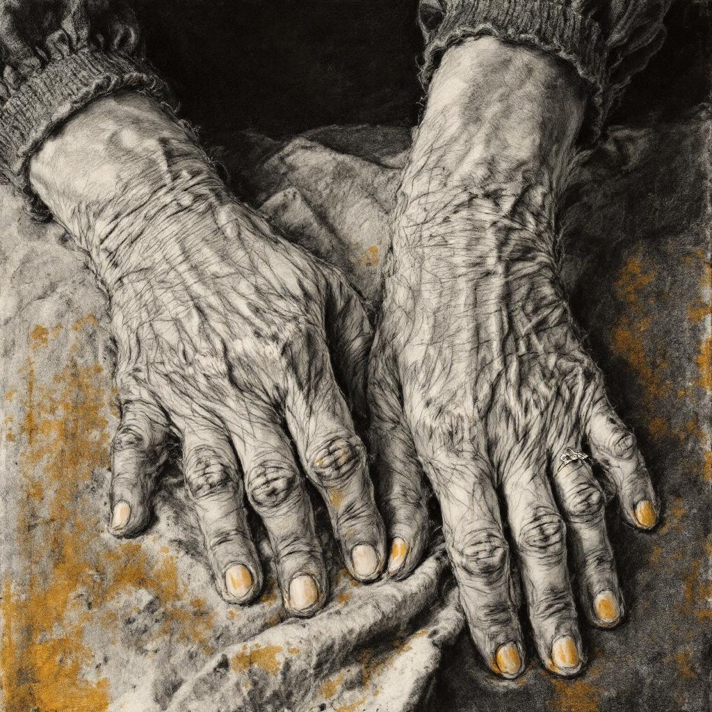 Close-up of Weathered Hands on Fabric Background