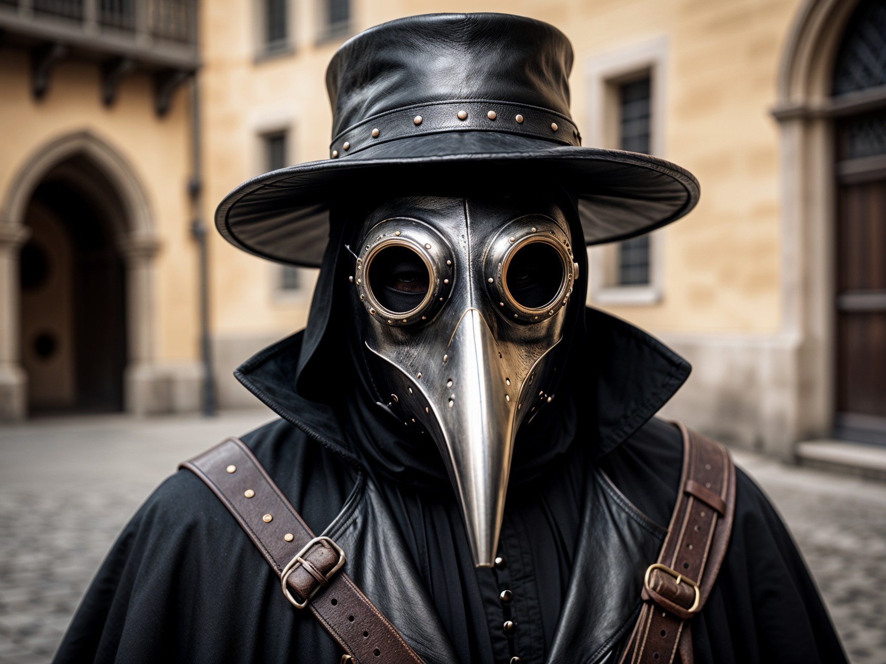 Enigmatic figure in dark cloak and beaked mask