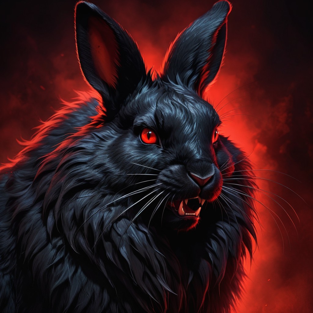 Fierce Black Rabbit with Red Eyes and Dark Background