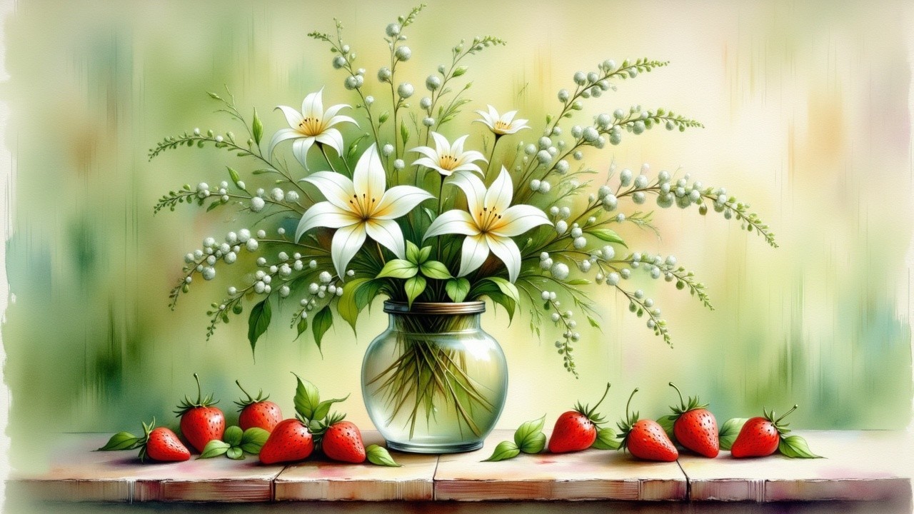 White Lilies and Strawberries in a Glass Vase Display