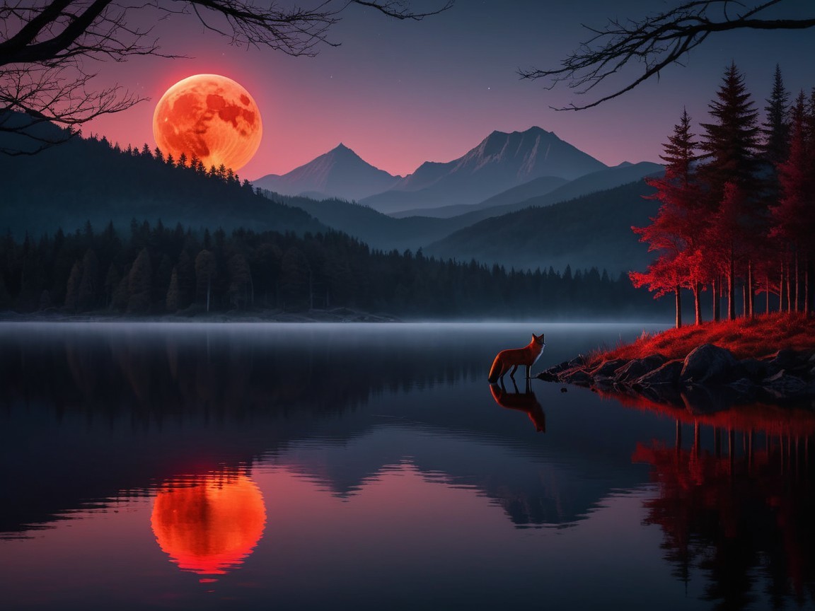 Twilight Landscape with Moon, Lake, and Mountains