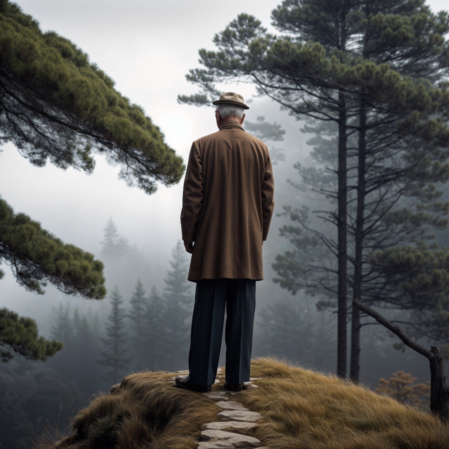 Elderly Man Contemplating in Misty Forest Setting