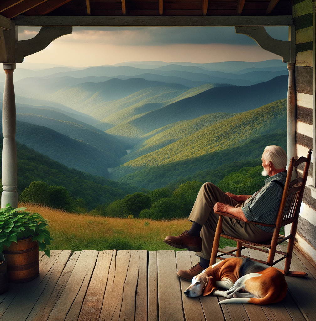 Elderly Man in Rocking Chair with Dog on Porch