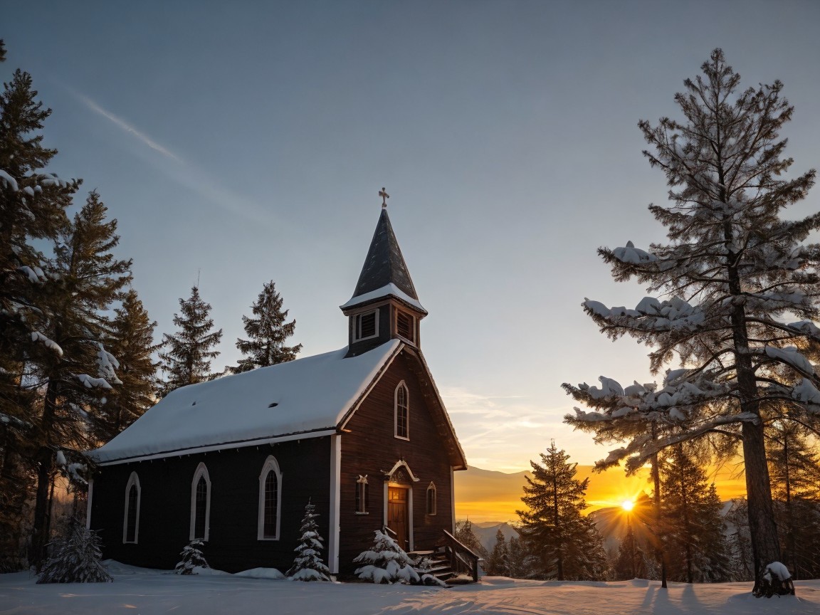 Snow-Covered Church in a Forest at Sunrise