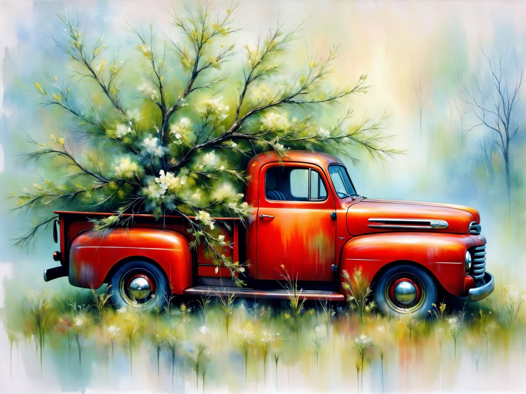 Vintage Red Pickup Truck with Blooming Branches