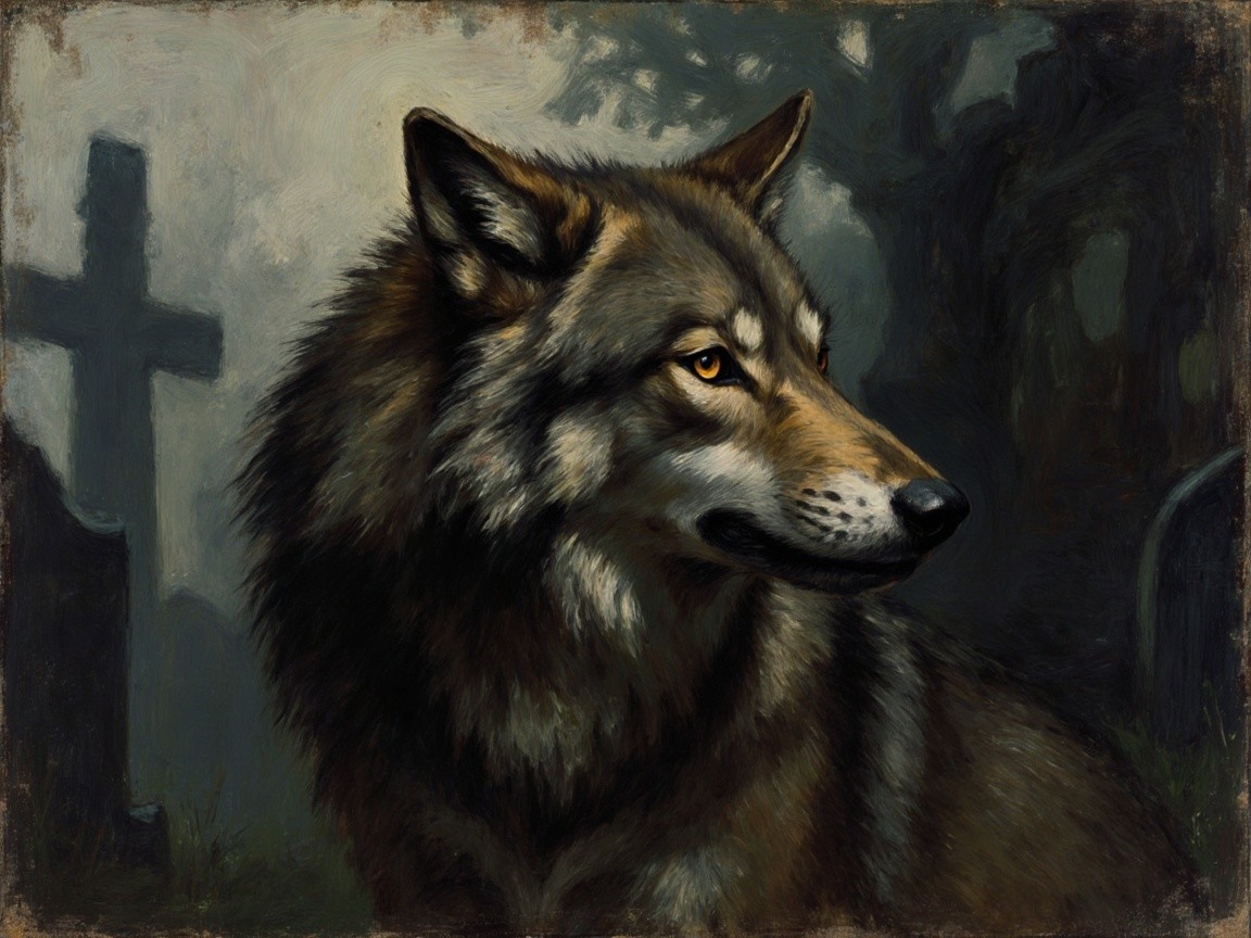 Wolf in Misty Graveyard with Eerie Tombstones