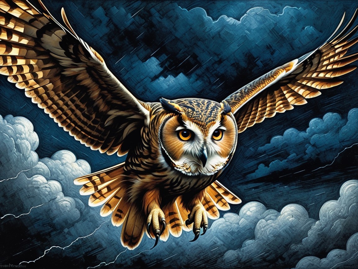 Majestic owl flying through a stormy sky with lightning