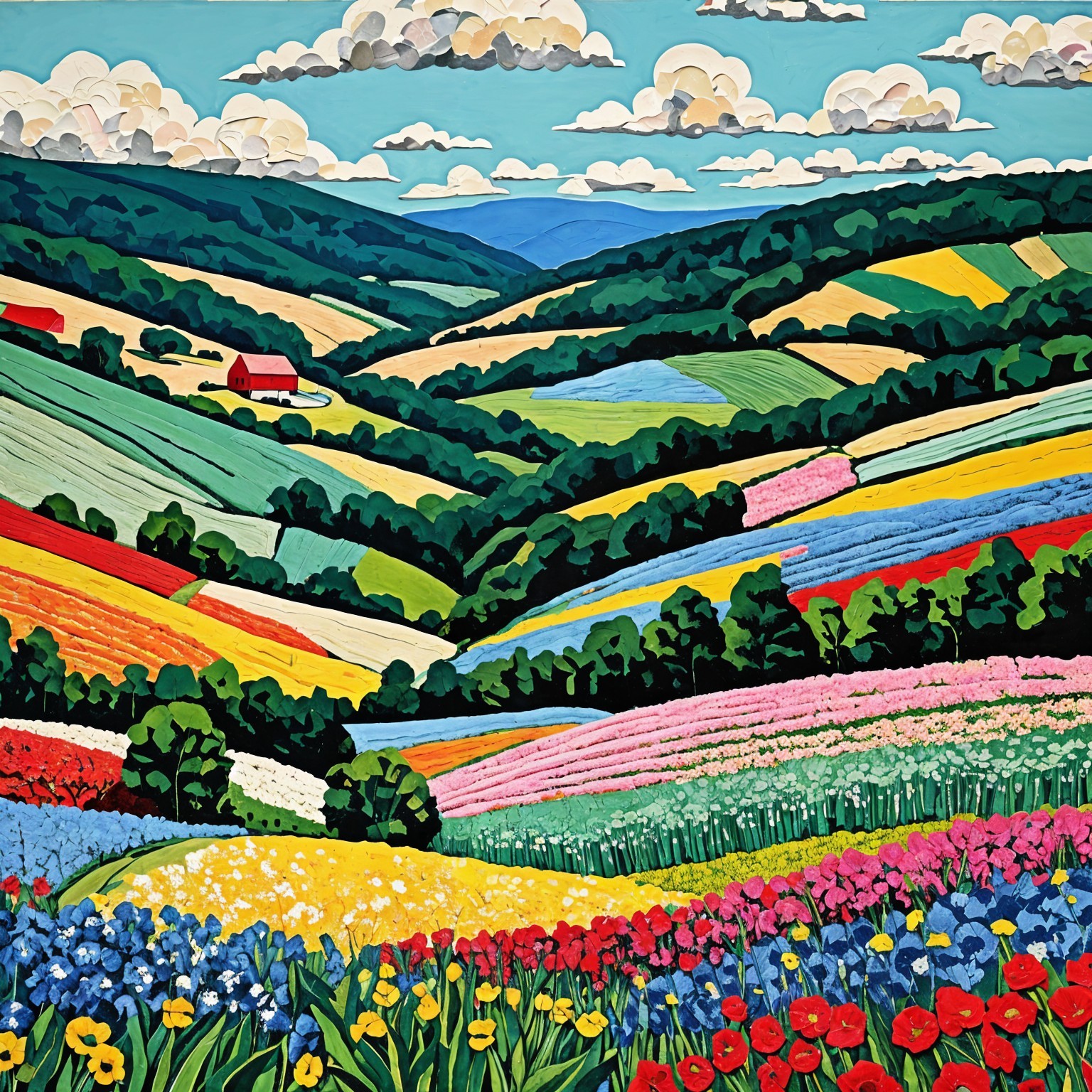 Vibrant Landscape with Colorful Flower Fields and Hills
