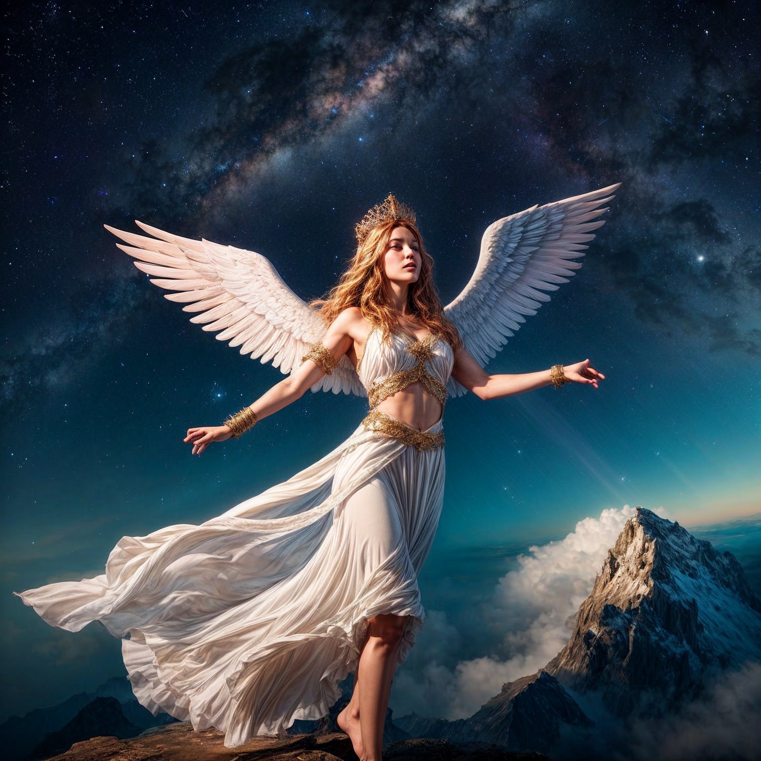 Celestial Figure on Mountain Peak with Wings and Stars