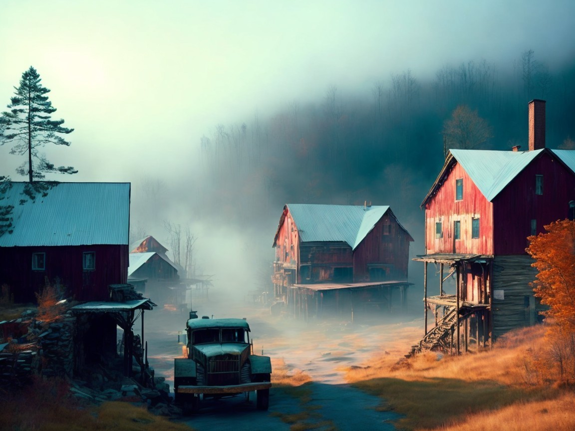 Misty Landscape with Rustic Barns and Nostalgic Truck