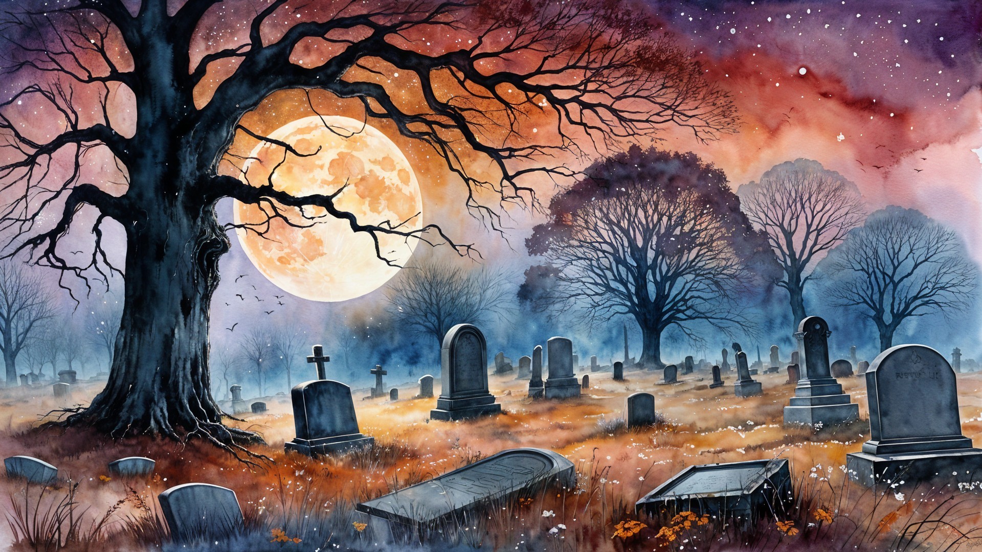 Haunting Graveyard Scene Under a Full Moon