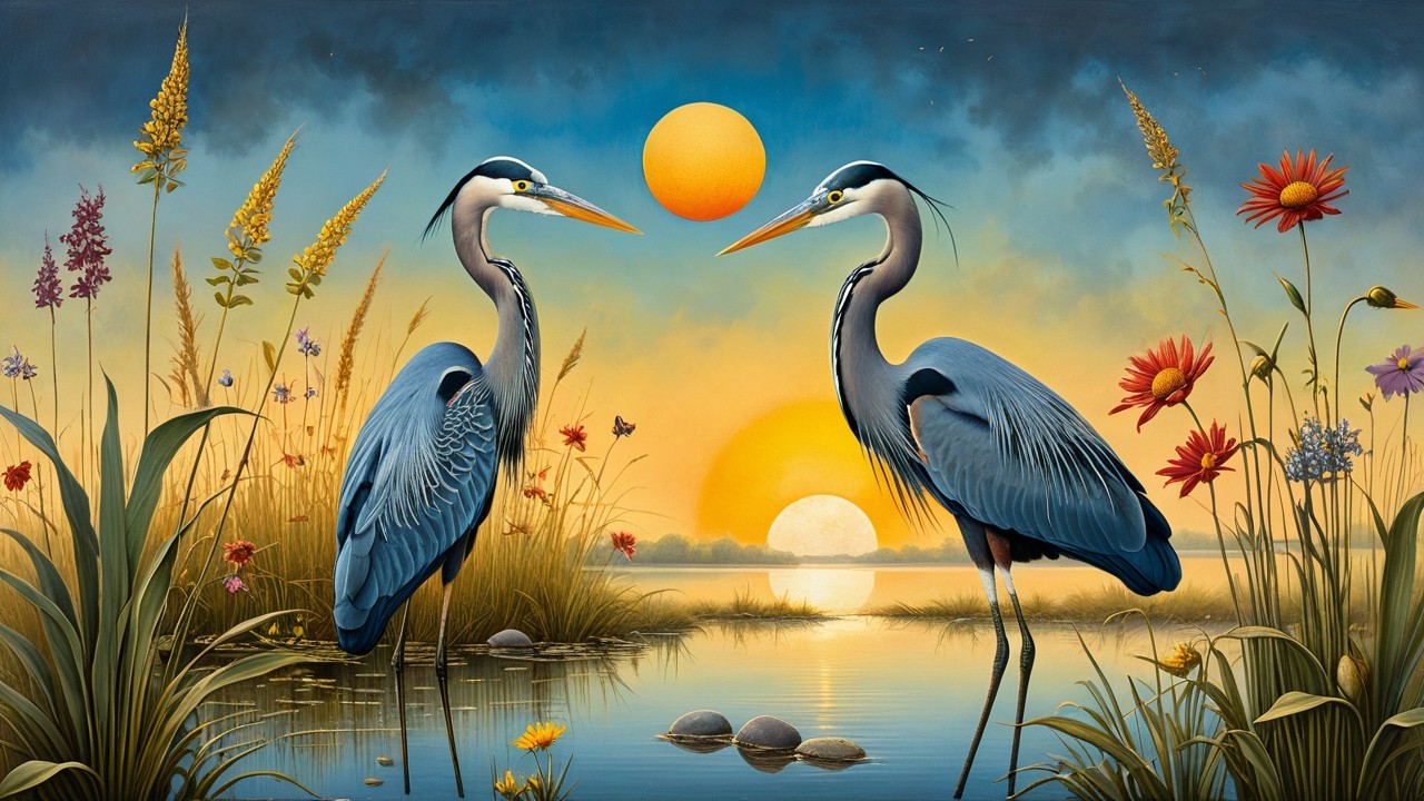 Elegant herons by tranquil water at sunset