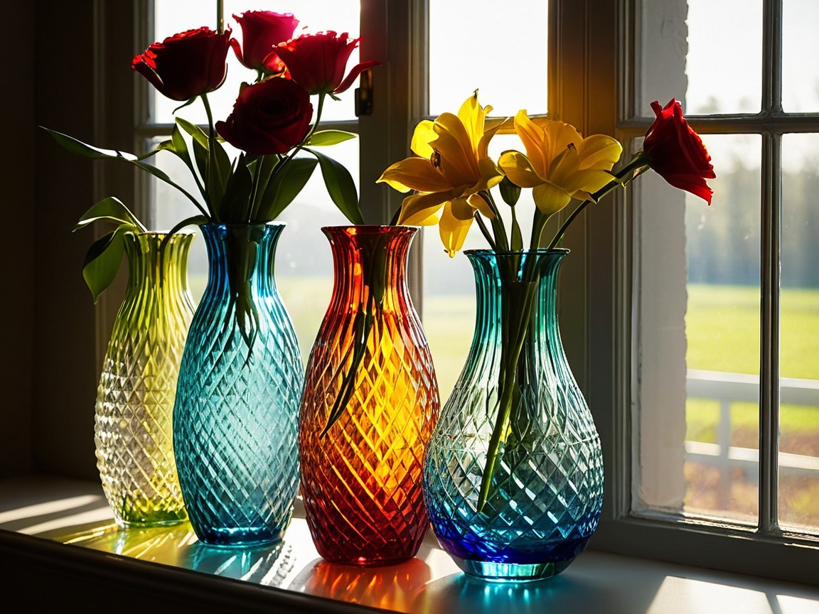 Vibrant Glass Vases with Flowers on a Windowsill