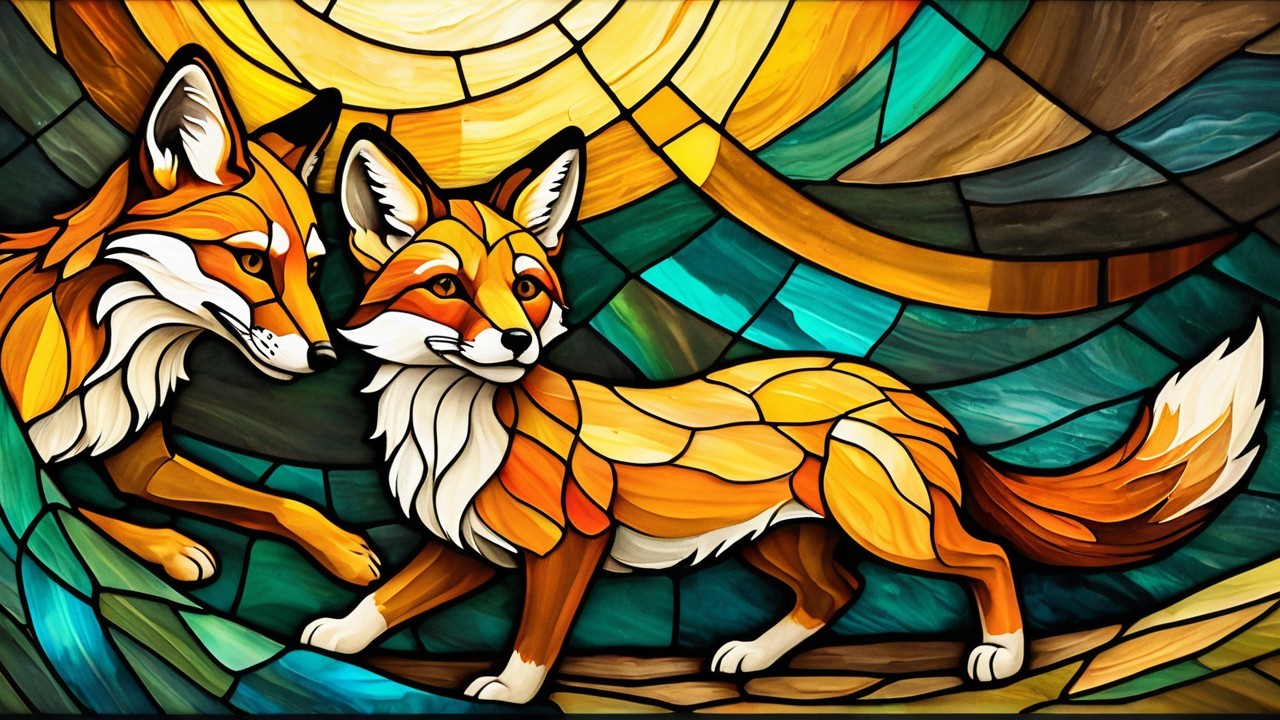 Vibrant Stained Glass Artwork of Two Playful Foxes