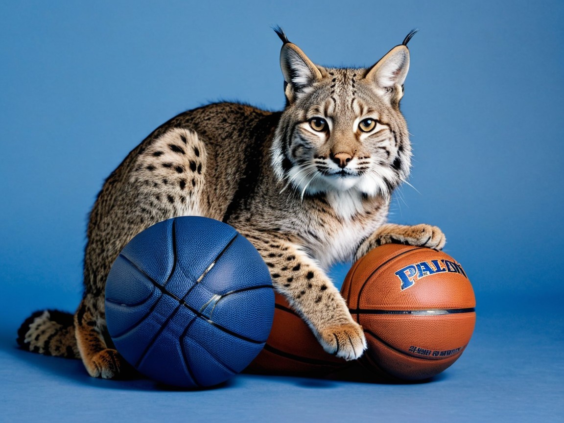 Lynx Among Basketballs with Blue Background