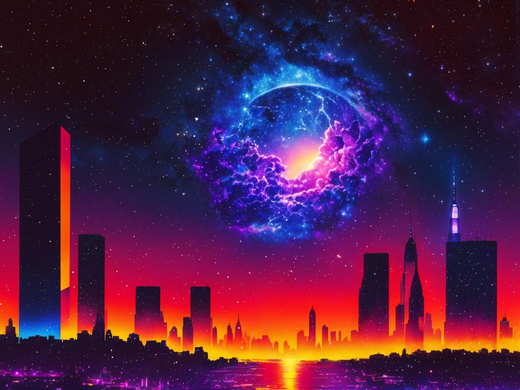City Skyline Against a Cosmic Nebula Background