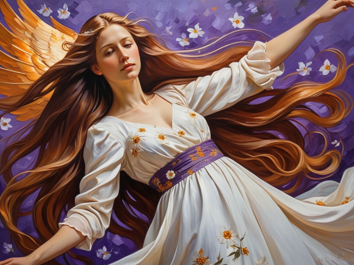 Serene figure with golden wings on purple background