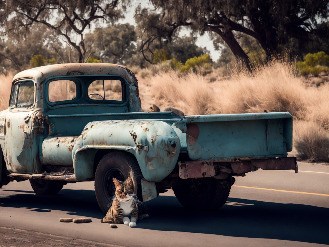 Weathered Turquoise Pickup Truck with Tabby Cat Scene