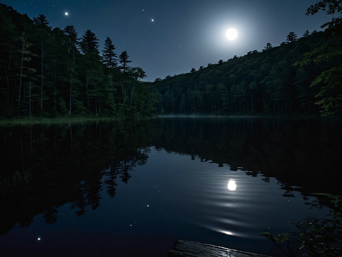 Tranquil Lake Reflection Under Full Moon and Stars