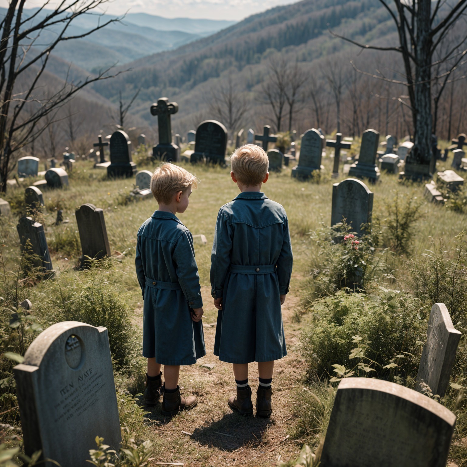 Children in Vintage Coats in a Serene Graveyard