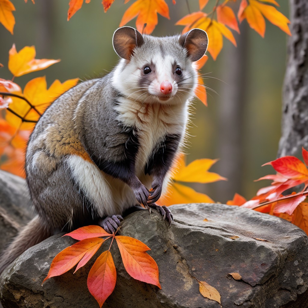 Charming Marsupial on Rock Surrounded by Autumn Leaves