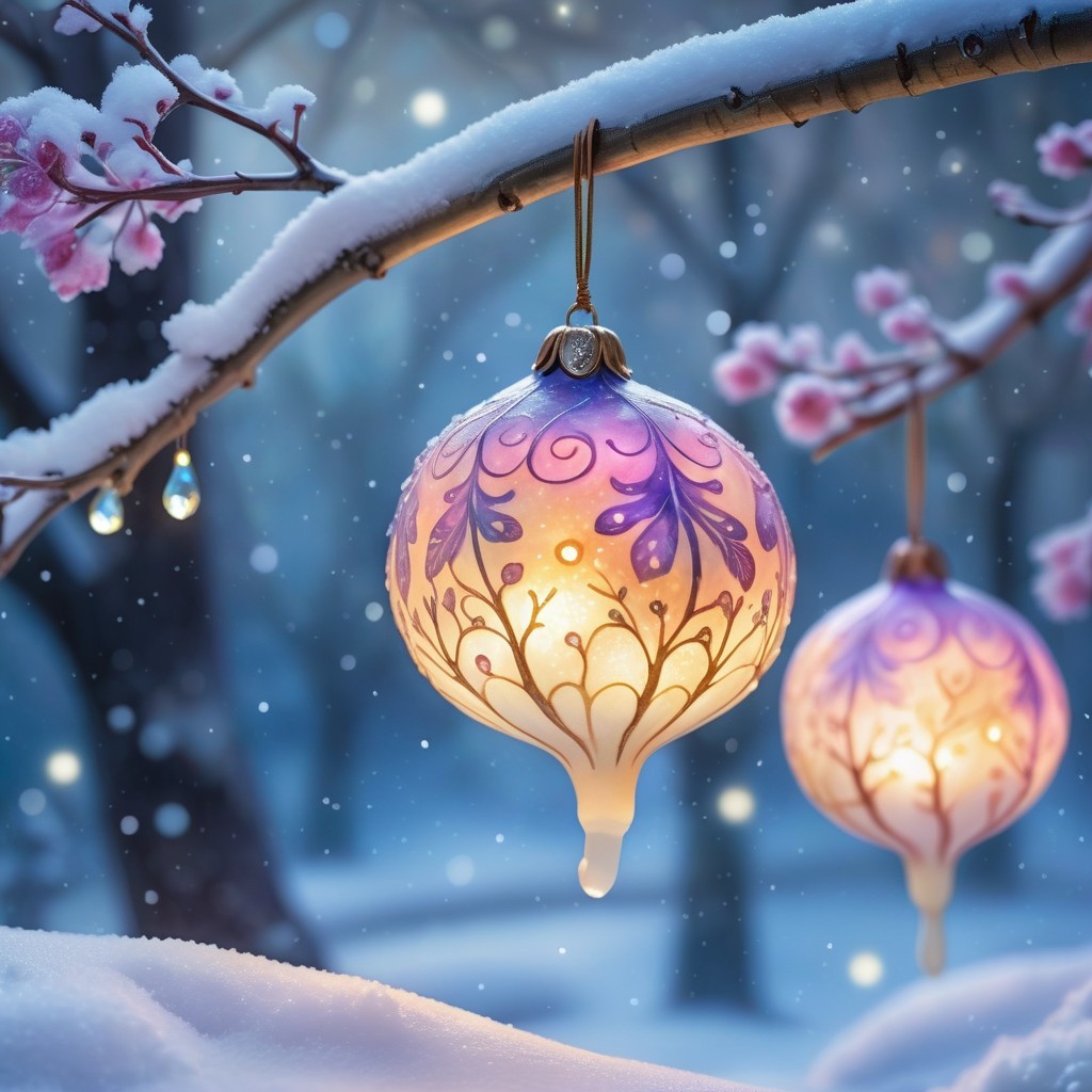 Winter Scene with Glass Ornaments and Snowflakes