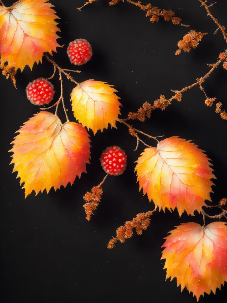 Vibrant Autumn Leaves with Red Berries on Black Background