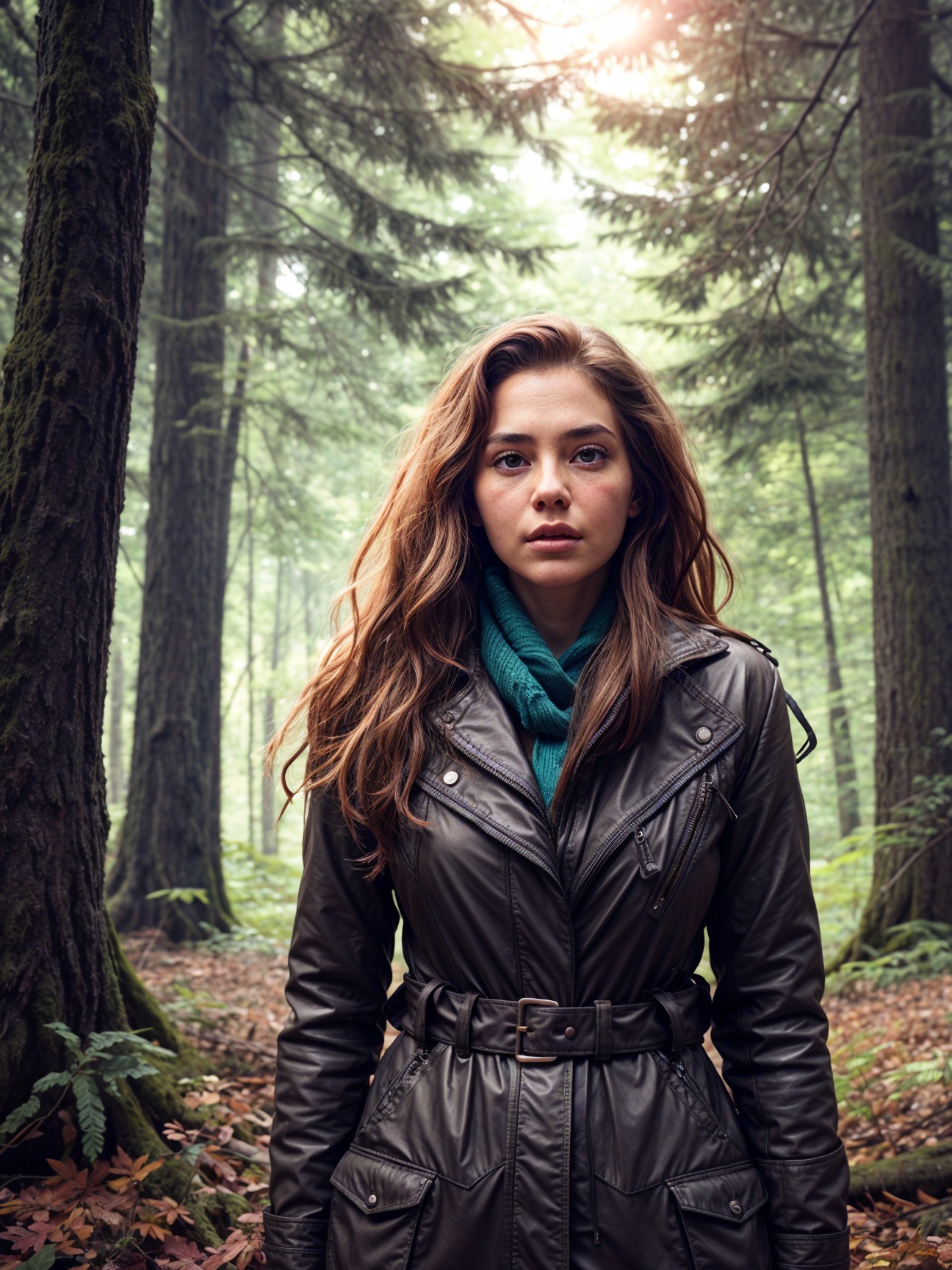 Young woman in forest with leather jacket and scarf