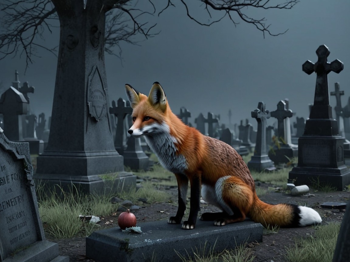 Fox Beside Gravestone in Misty Graveyard Scene
