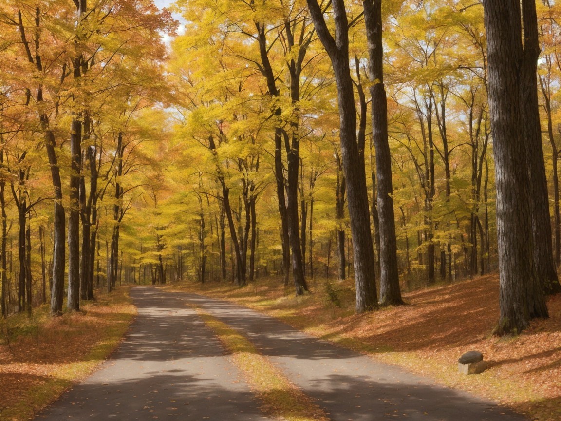 Autumn Forest Path with Golden Leaves and Sunlight