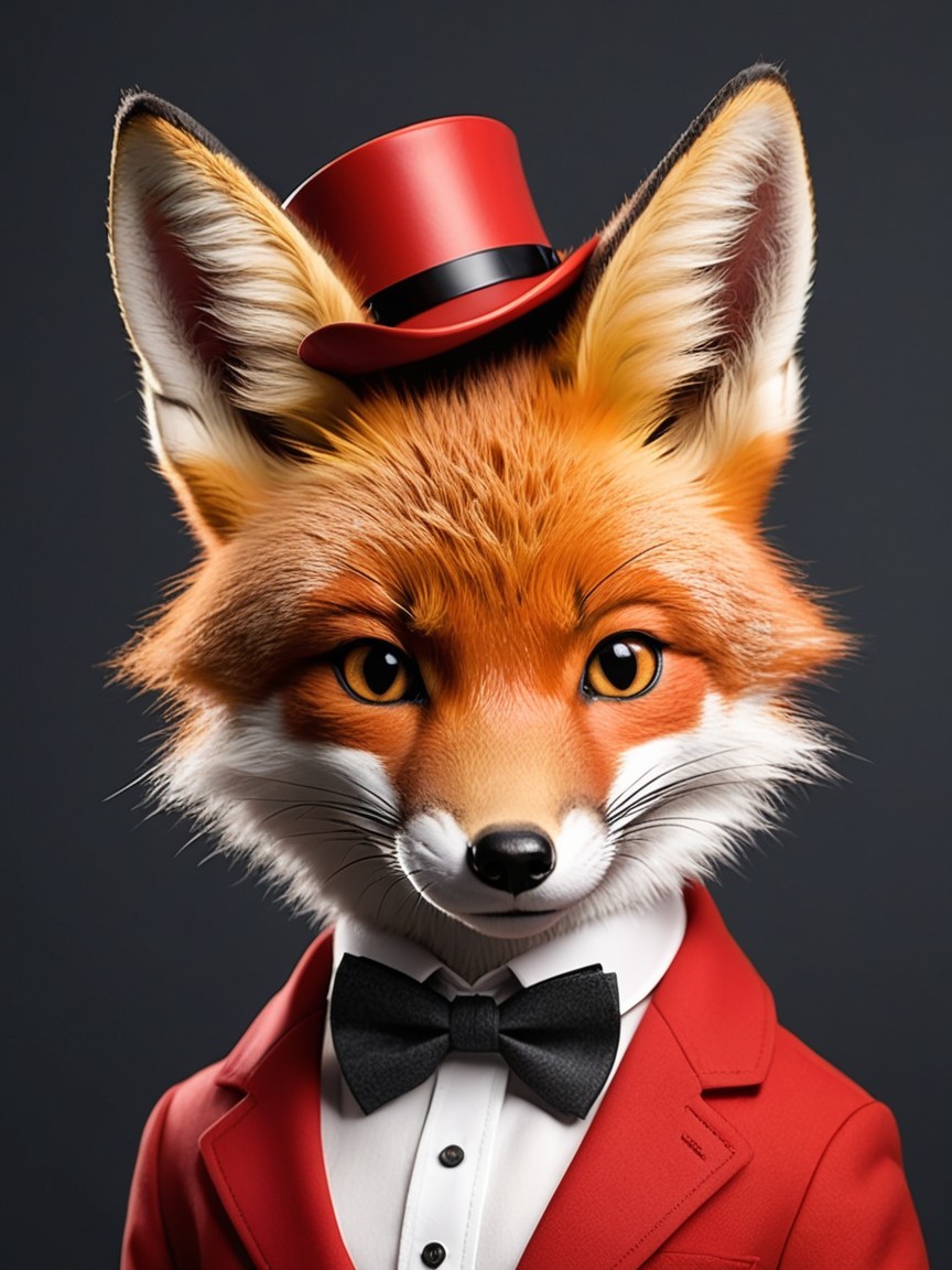 Elegant Fox Character in Red Tuxedo and Top Hat