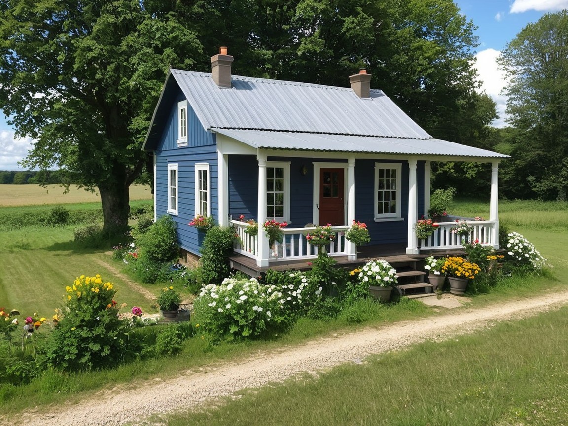 Charming Blue House Surrounded by Lush Greenery