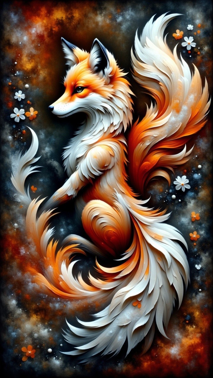 Stylized fox with vibrant fur against dark background